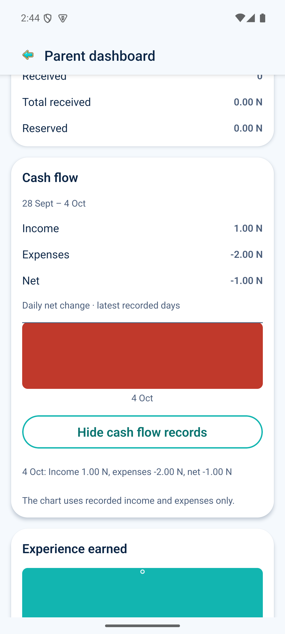 Parent View: See recorded income and spending.